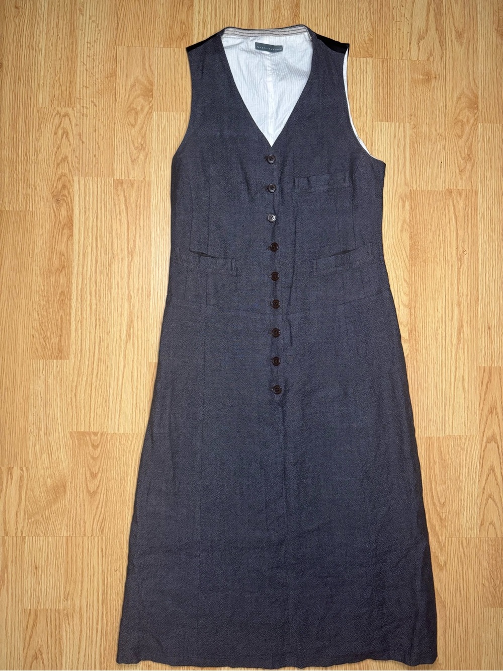 Sleeveless Dark Gray V-Neck Button-Front Black Vest Midi Dress